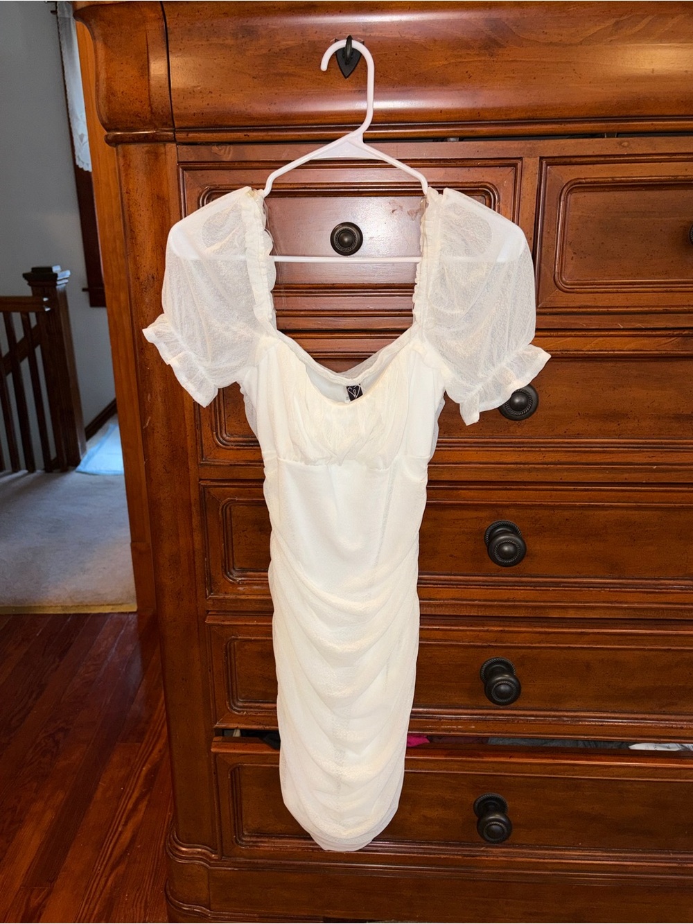 Windsor Ivory Ruched Mesh Puff Sleeve Bodycon Mini Dress NWT M